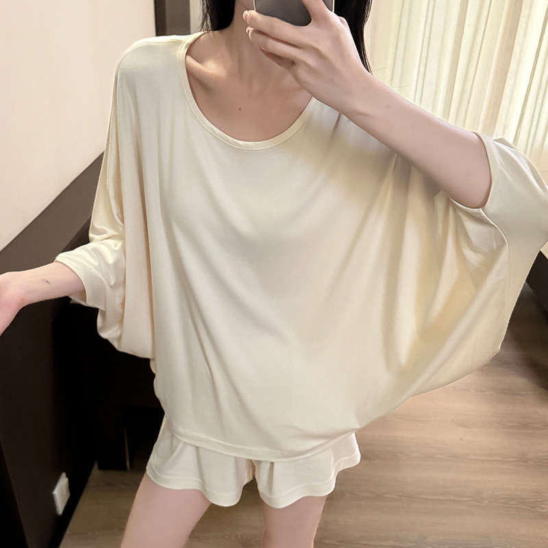 2025 New Pajamas for Women, Bat Short-Sleeved Shorts, Can Be Worn Outside, Home Clothes, Shorts, Thin, Pure Color, Simple, Can Be Worn Outside