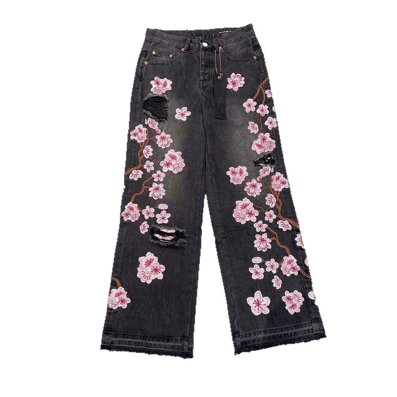 ヨーロッパとアメリカのクロスボーダーストリートゴシックスタイル桜刺繍ジーンズy2k男性と女性の同じスタイルのレトロファッションストレートパンツ|undefined