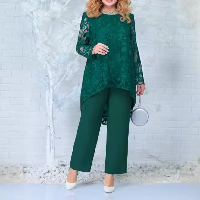 European and American New Style Dress Plus Size Women's Evening Dress Lace Embroidered Pants Two-Piece Cocktail Dress Set