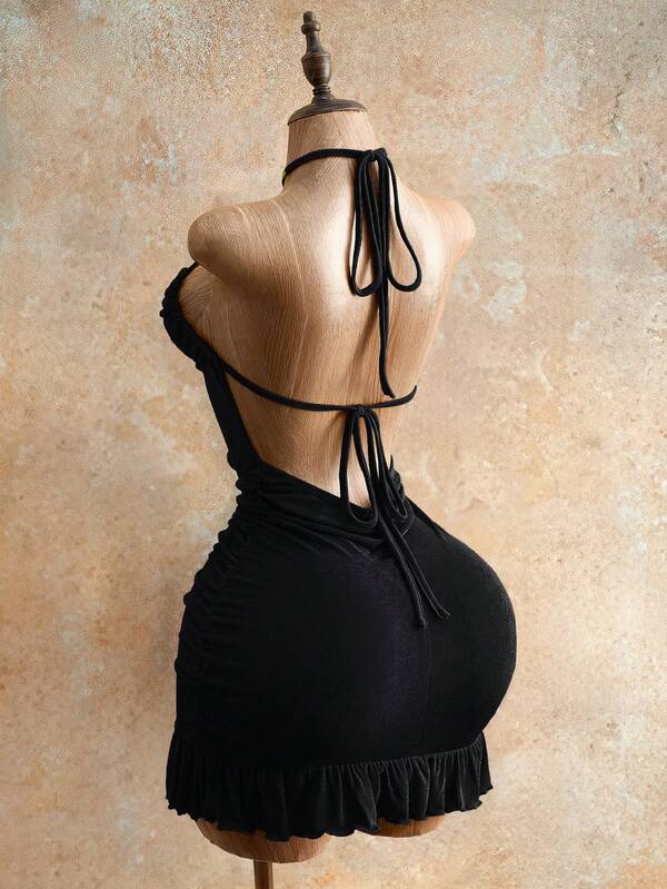 Sensual Bodycon Mini Dress With Ruffle Trim, Backless Halter Neck, And Waist-Gathering Pleats For A Flattering Fit_ecoleips.com