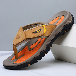 Cross-border Dock Layer Cowhide Men's Flip-flops Wading Deodorant Soft Sole Outer Wear Non-slip Outdoor Beach Shoes