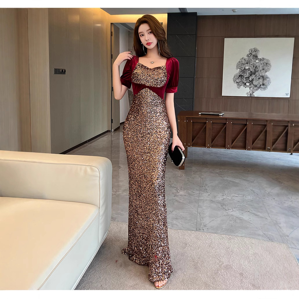 High-end Evening Dress Women's 2024 New High-end Feeling Banquet Temperament Socialite Sequin Fishtail Dress Annual Meeting Host