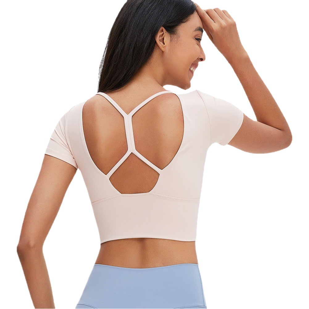 Amazon nuevo yoga manga corta Correa delgada Cruz espalda sexy deportes camiseta alta cintura elástica fitness yoga ropa
