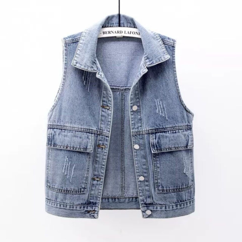 Vintage All-match Large Pocket Short Denim Jacket Women's Spring and Autumn Sleeveless Cardigan Jacket Design Sense Loose Vest