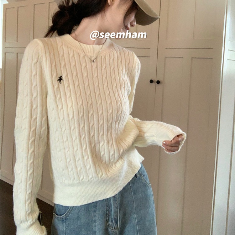 Twist-Knit Sweater for Women, Autumn Design, Embroidered Sweater, Loose Fit, Slimming Pullover, Long-Sleeve Top