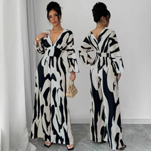 亚马逊春夏新品女装跨境欧美女装全身印花长袖阔腿连体衣裤