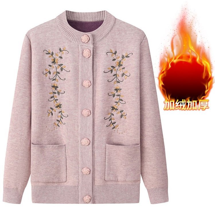 Winter Middle-Aged and Elderly Sweater Cardigan Thickened Fashion Sweater Grandma Coat Knitted Spring and Autumn Fleece Loose Mom Women