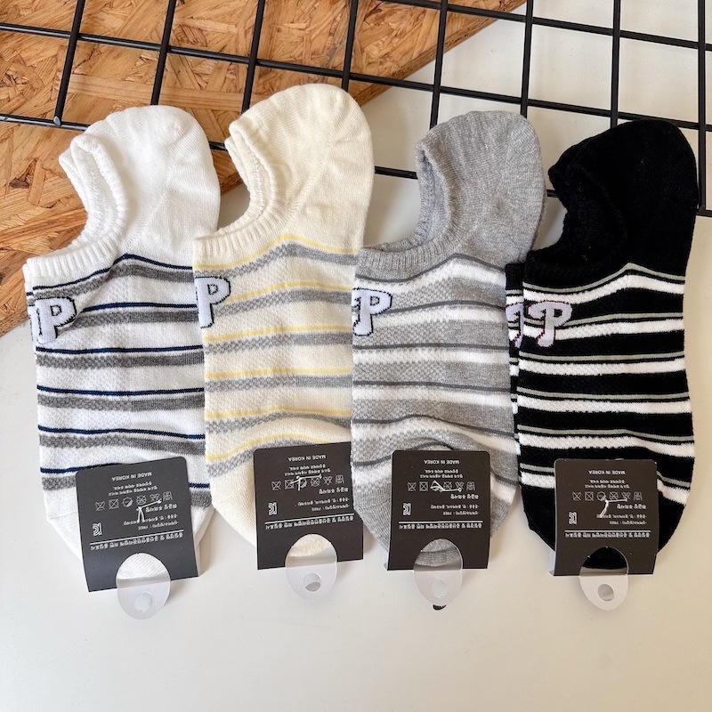[Ready Stock] Dongdaemun Summer New Color-Blocked Stripesd Men's Boat Socks 2792 Simple Letter Breathable Mesh Socks