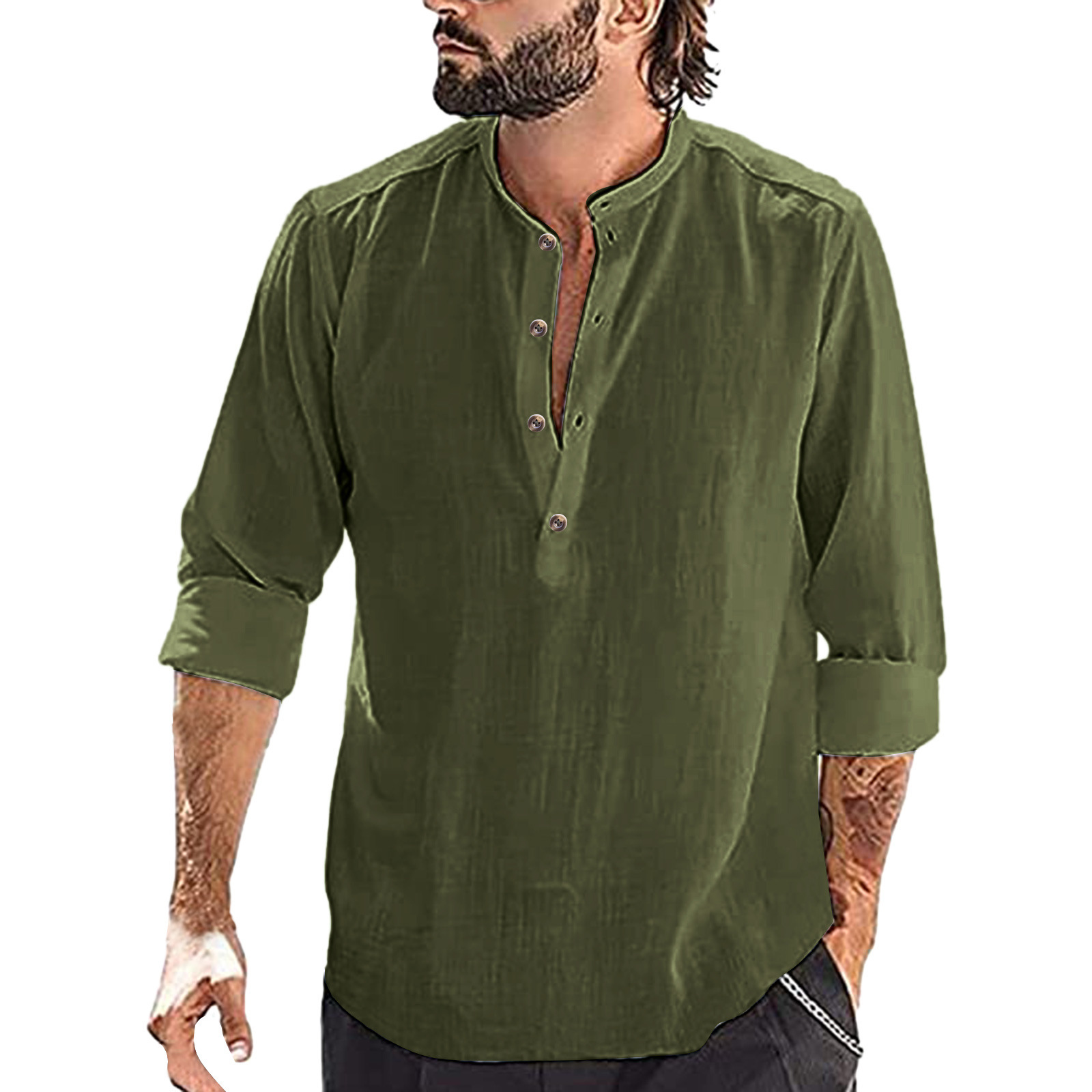 2025 Cross-Border Casual Men's Loose Shirts Men's Trendy Stand-Up Collar Cotton and Linen Long-Sleeved Color Independent Spot Station