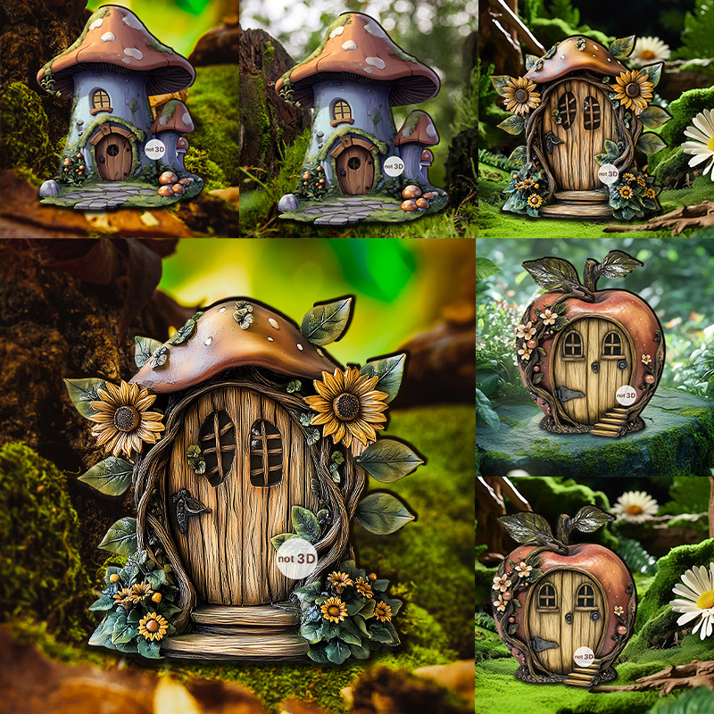 创意复活节木质门苹果向日葵蘑菇屋2D装饰木质工艺品摆件装饰品
