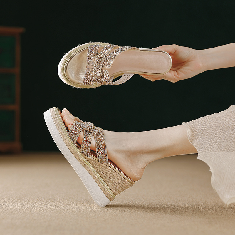 Sandal cao gót nữ hở mũi đính đá pha lê quai ngang đế xuồng — Champagne màu, bạc