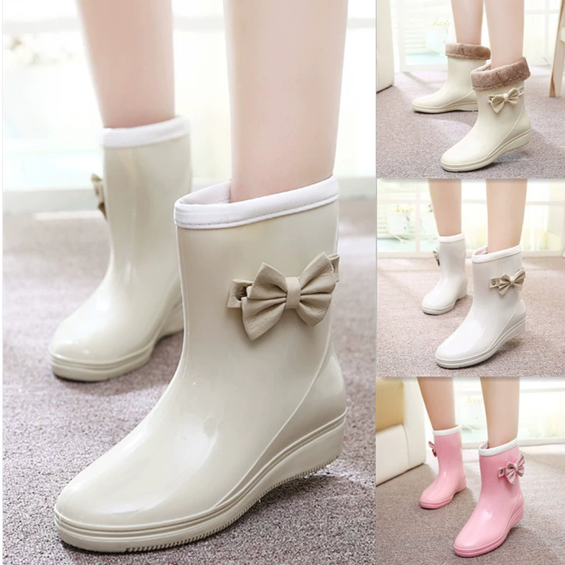 Весенне-осенние модные резиновые сапоги, женские резиновые сапоги до середины икры, милые студенческие водные туфли, бахилы, женские водонепроницаемые сапоги на плоской подошве, теплая резиновая обувь оптом