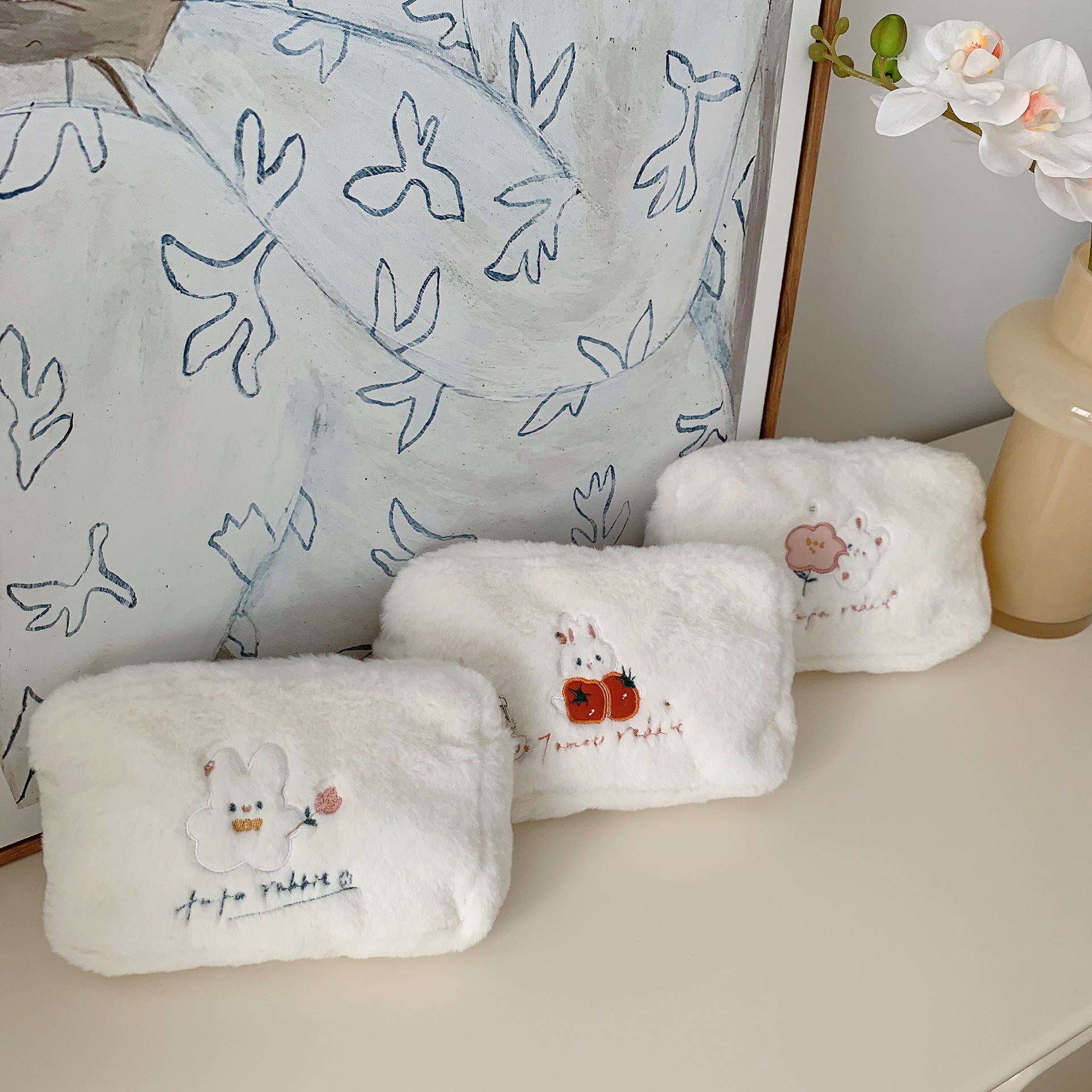 21154 Autumn and Winter plush makeup bag, flower rabbit, cute cartoon embroidered portable bag for women, soft little bag Item Picture