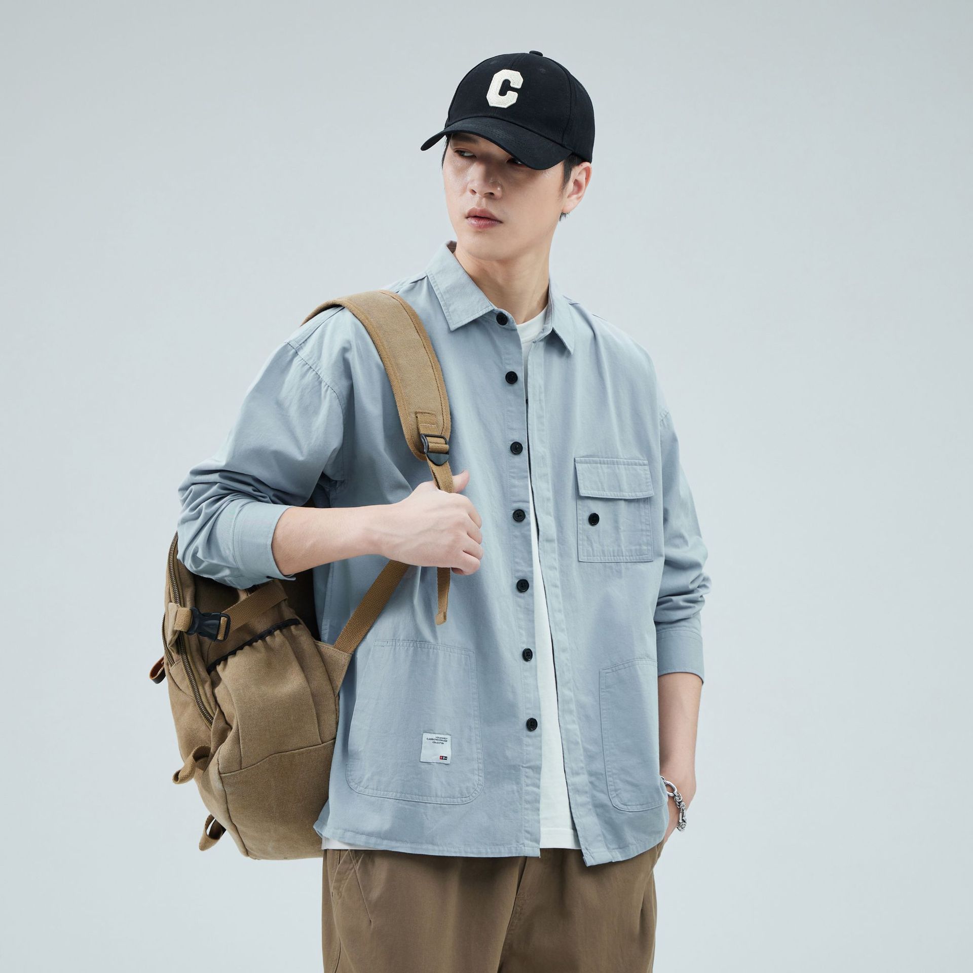 Camisas personalizadas de primavera y verano masculinas, ropa suelta, algodón coreano casual simple, bolsillo único, fresco, japonés