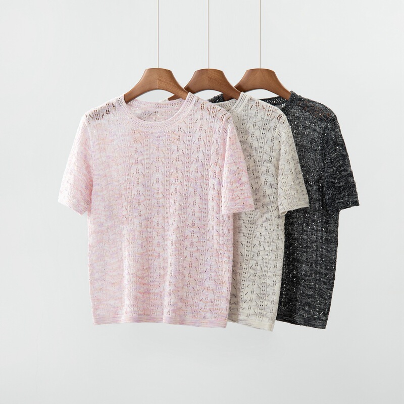 Herbalife High-Quality Cotton and Linen Fantasy Floral Yarn Linen T-Shirt Round Neck Hollow Crochet Summer New Style Knitted Short Sleeves