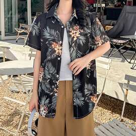 三亚旅游度假短袖花衬衫女夏威夷ins海边沙滩衬衣复古港味上衣服