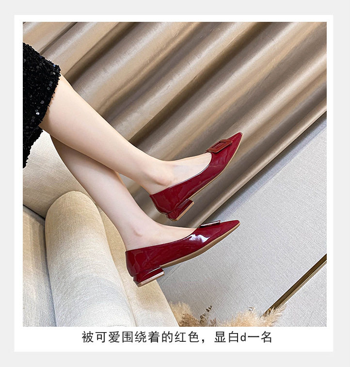 Giày cao gót nữ mũi nhọn khóa vuông gót thấp chất liệu da mềm — màu đen, màu đỏ chi tiết 10