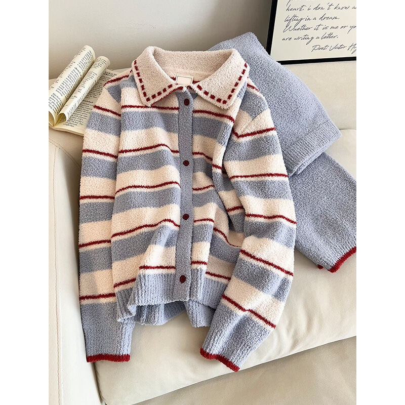 Korean Style Fashionable Contrasting Stripesd Knitted Half-Velvet Pajamas for Women in Autumn and Winter Thickeneded Warm Home Clothes Set for Outer Wear