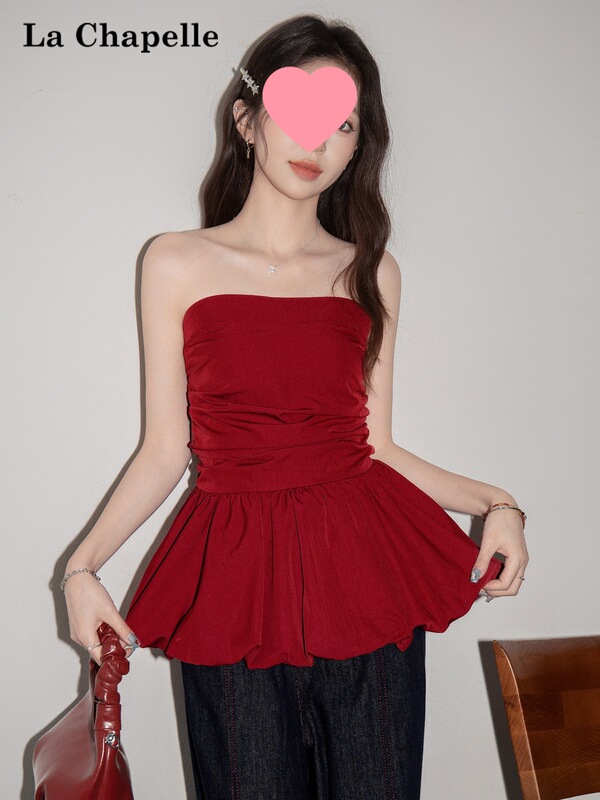 La Chapelle Red Sexy Slim-Fit Tube Top for Women 2026 Summer French Pleated Off-Shoulder Ruffle Top