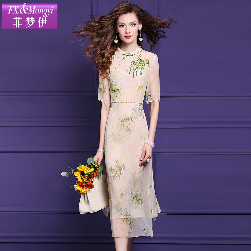 Fimoni 100 Mulberry Silk Printed dress Women's Summer National Style New Chinese High-end Beaded Improved Cheongsam Dress