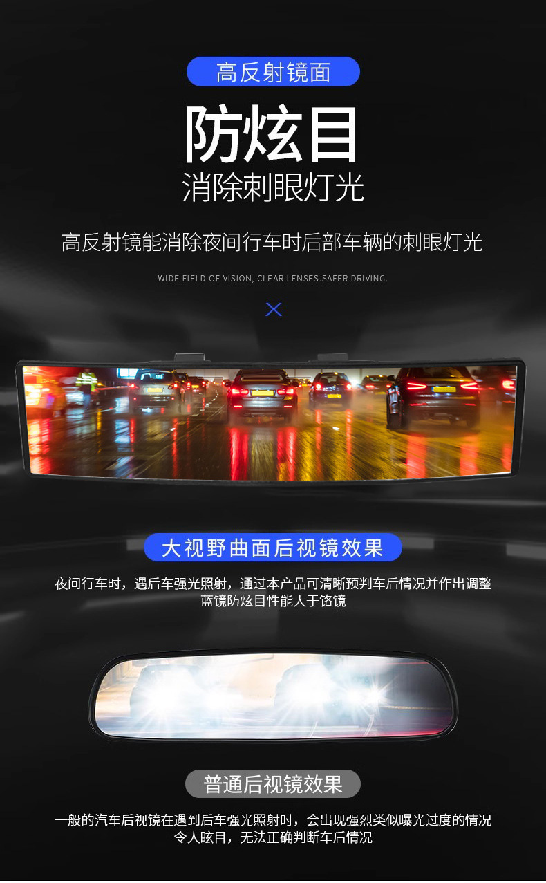 High-Definition Car Interior Rearview Mirror, Car Interior Reversing Rearview Mirror, Large Field of View, Wide-Angle Mirror, High-Definition Curved Glass Reflection