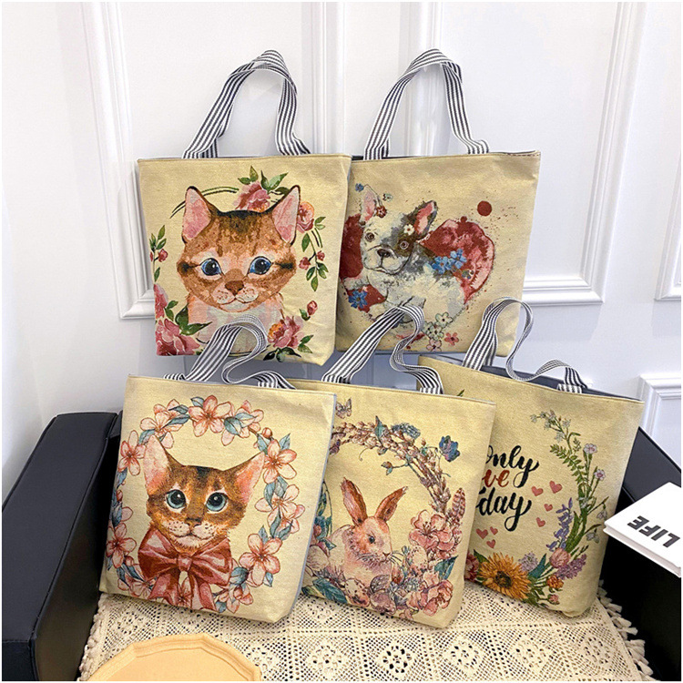 189g Weight Polyester Lining Material Zipper Closure Type Double Shoulder Straps Strap Type Tote Bag Bags Type Casual, Daily Occasion Linen Material Animal Pattern All Seasons Season Women's Gender Cute Style Square Shape Women's Linen Animal Cute Square Zipper Tote Bag 2