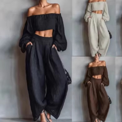 2026 European and American Cross-Border Amazon One-Shoulder Crop Top and Wide-Leg Pants Two-Piece Set Summer Loose Vacation Style Women's Clothing 2026 European and American Cross-Border Amazon One-Shoulder Crop Top and Wide-Leg Pants Two-Piece Set Summer Loose Vacation Style Women's Clothing