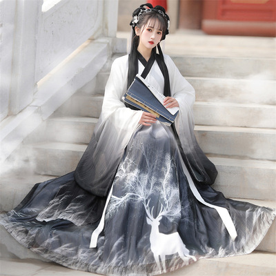 Tang Dynasty Hanfu White black gradient hanfu Fairy dress for women  Chinese wind waist Ru skirt big sleeve unlined upper kimono dress garment