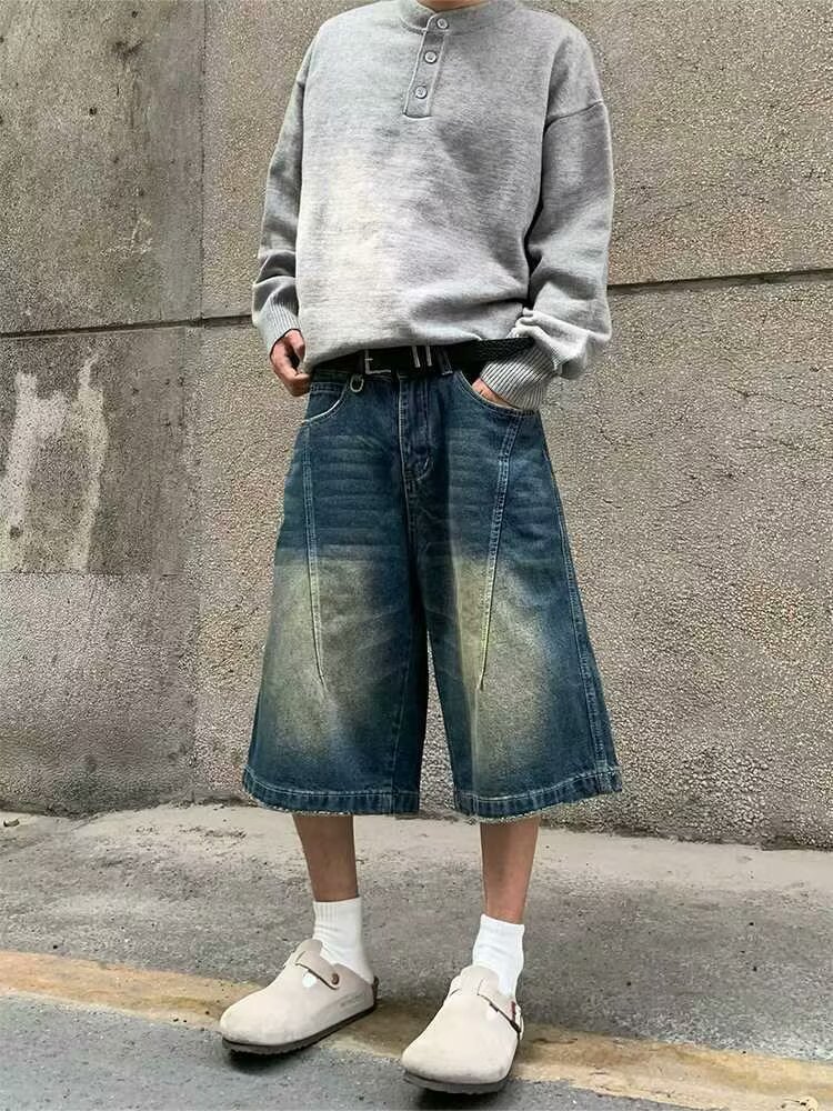 美式复古水洗做旧牛仔短裤夏季男女宽松百搭显瘦直筒阔腿七分裤潮