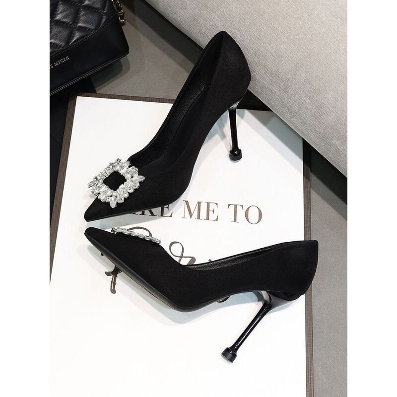 Internet Celebrity High-Heeled Shoes with a Stunning Appearance, 2025 New Model, Pointed Toe, Shallow Mouth, Stiletto Heel, Square Buckle, Rhinestone Stiletto Heels Internet Celebrity High-Heeled Shoes with a Stunning Appearance, 2025 New Model, Pointed Toe, Shallow Mouth, Stiletto Heel, Square Buckle, Rhinestone Stiletto Heels