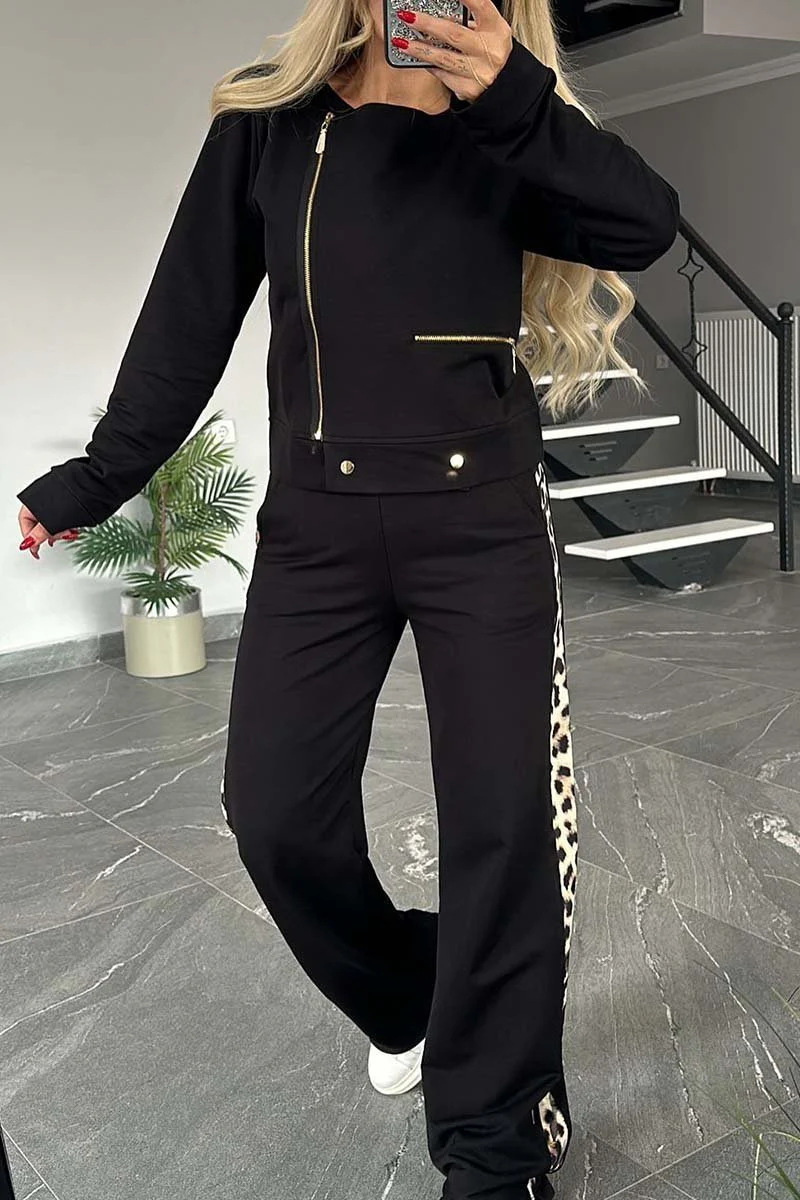 Women's Clothing Autumn and Winter Fashion Casual Double sided Leopard Print Suit Zipper Long Sleeve Suit Women_voghion.com