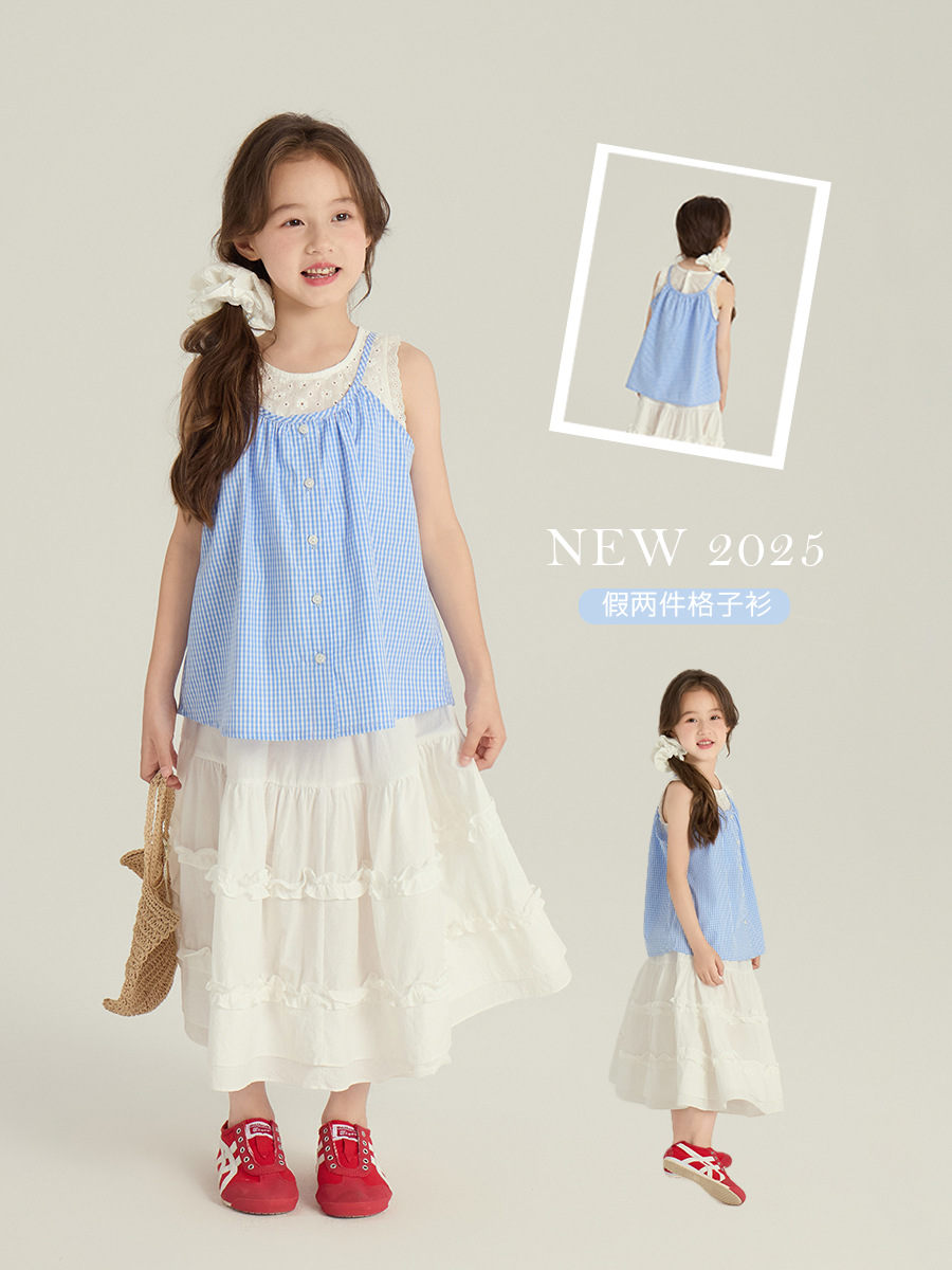 Emo Beibei Children's Wear Girl's Fresh Blue and White Plaid Doll Shirt Children's Fake Two-piece Camisole Top Summer