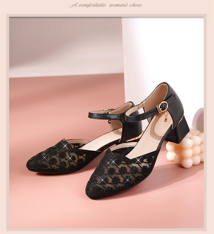 Sandal nữ da thật mũi nhọn cut-out gót dày — đen chi tiết 20