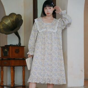 French Style Floral Sweet Pajamas Vintage Nightgown Women's Spring and Autumn Cotton Long Sleeve Long Loose Princess Style dress