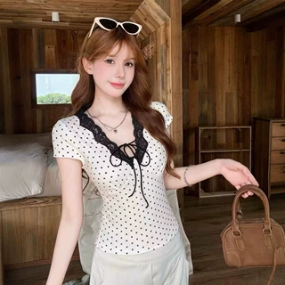 时尚辣妹蕾丝波点V领系带短袖T恤女夏季新款设计感修身显瘦上衣潮