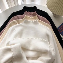 打底衫女秋冬新款一体绒厚实木耳边设计感纯色针织套衫冬季配大衣