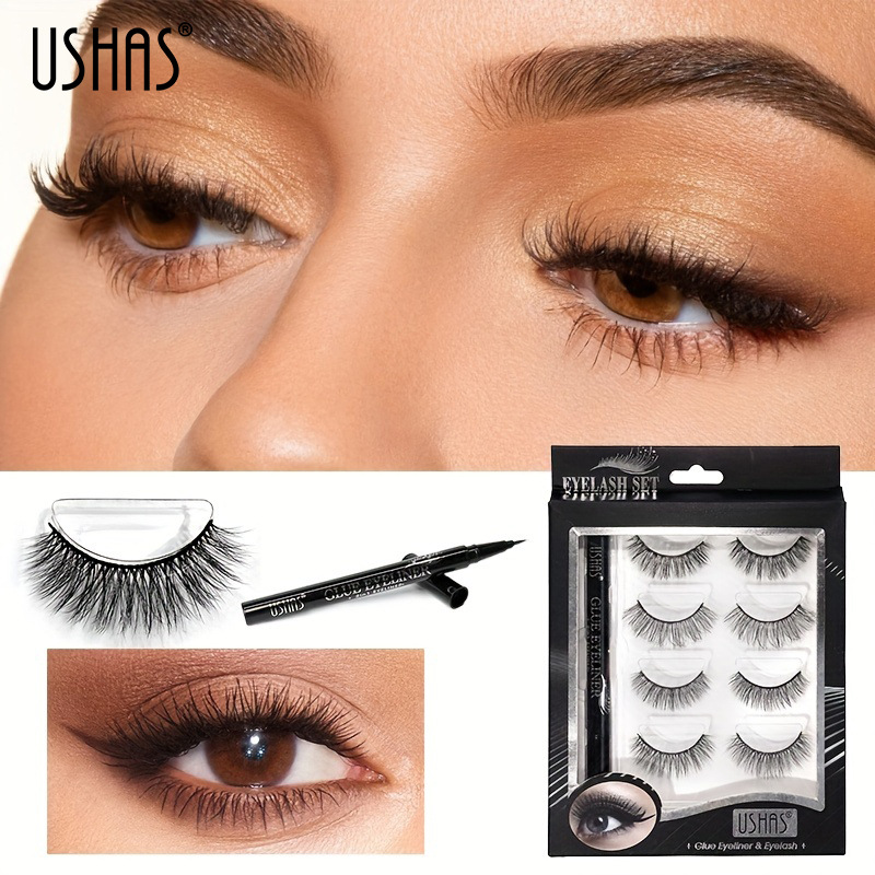 USHAS Cross-border spot delineador de ojos bolígrafo conjunto de pestañas postizas pelo de visón 3D maquillaje de ojos grueso y rizado europeo y americano