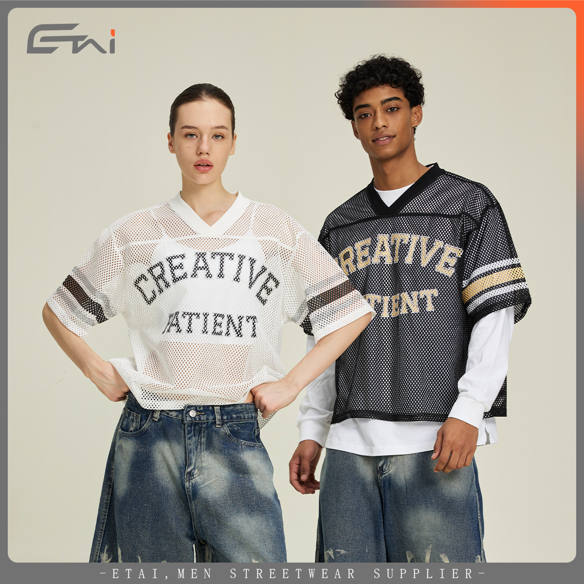 ETAI ropa de hombre alta calle americana hombre de verano mesh deporte casual de manga corta pareja marca de moda suelta camiseta de cuello en V