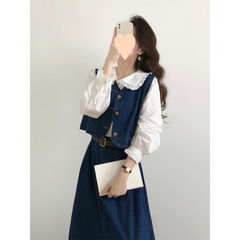 蓝色牛仔马甲连衣裙三件套女春季茶系穿搭整套搭配韩剧小香风套装