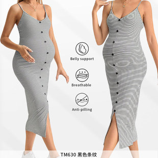 Striped Knit Maternity Slip Dress for Women during Pregnancy, Stylish Side Slit Trendy Mom Sexy V-Neck Slim Fit Bodycon Dress with Open Back