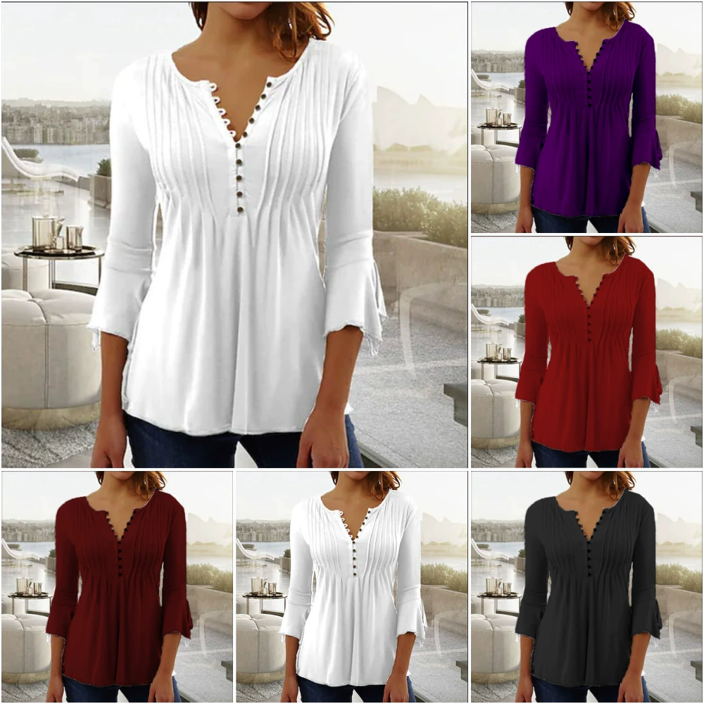 2023 Amazon популярная Европейская и американская женская укороченная однотонная плиссированная футболка с V-образным вырезом и V-образным вырезом больших размеров, Базовая рубашка