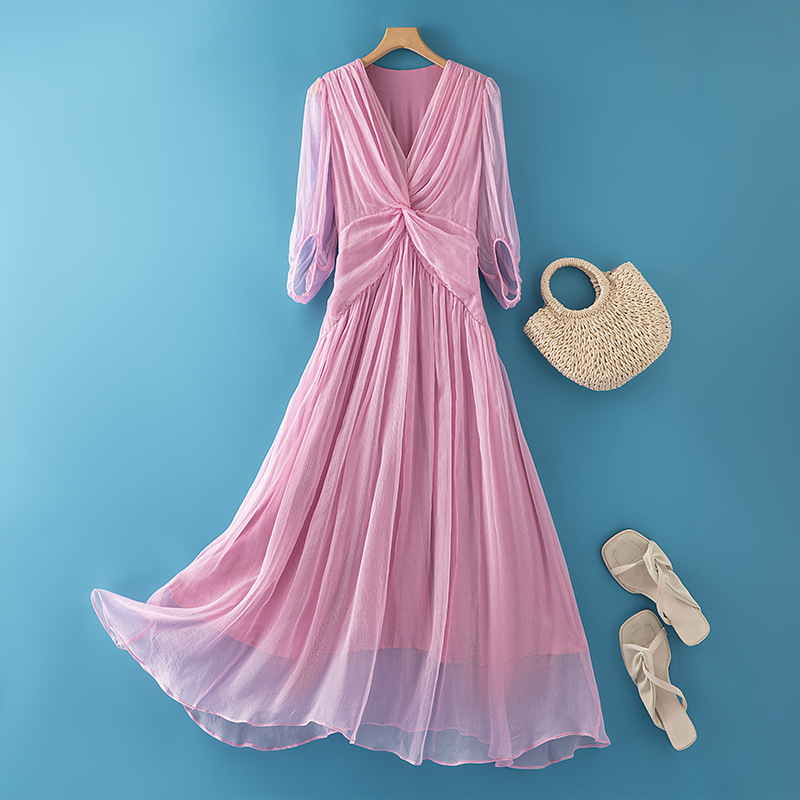 Travel Bohemian Silk Mulberry Silk Dress Summer 2024 New Exquisite Gentle Pink Slimming Dress