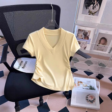 2025夏日新款打大V领天丝褶皱不规则开叉时髦T恤女显瘦百搭休闲T