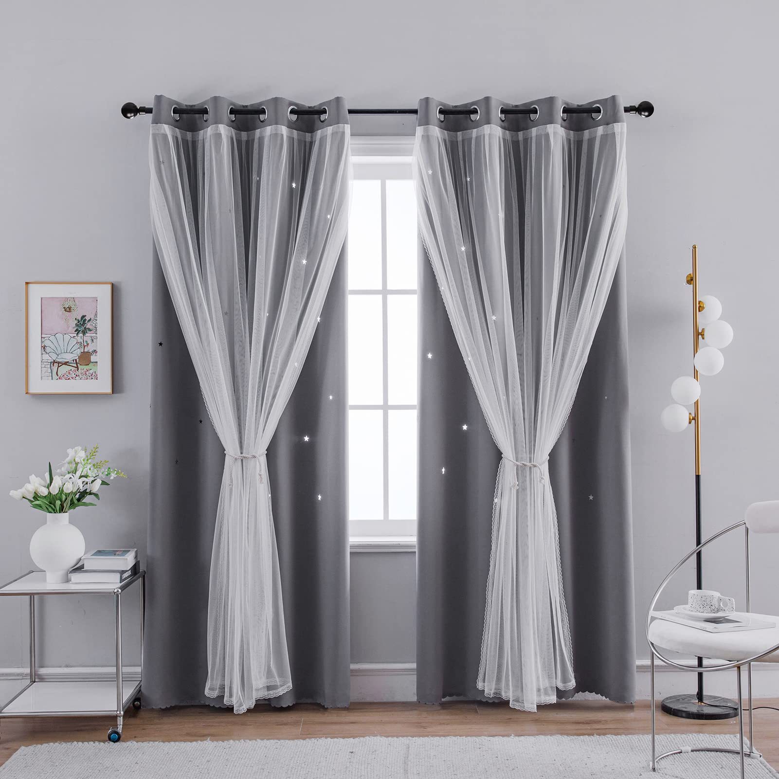 double layer curtains hollow star blackout rod punching short curtains_voghion.com