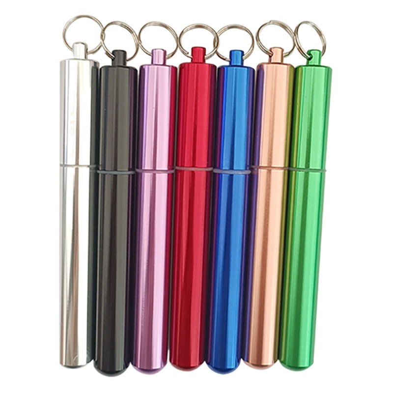 Multi-Color Aluminum Alloy Stainless Steel Telescopic Straw Set Storage Bottle Waterproof Sealed Metal Can Keychain Aluminum Bottle