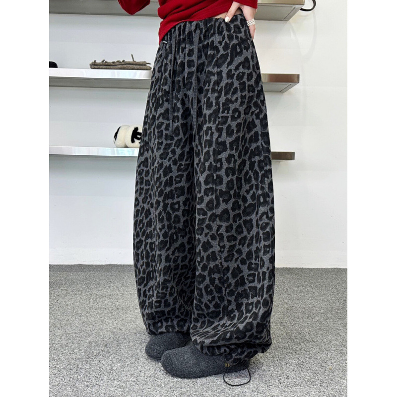 Korean Women's High-End Winter Leopard Print Faux Cashmere Fleece-Lined Adjustable Hem Thickened Casual Pants Korean Women's High-End Winter Leopard Print Faux Cashmere Fleece-Lined Adjustable Hem Thickened Casual Pants
