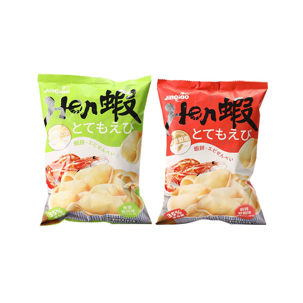 Креветочные снеки (Jinqiao), 55г–42г, пышные крекеры с 35% креветочного мяса, разные вкусы