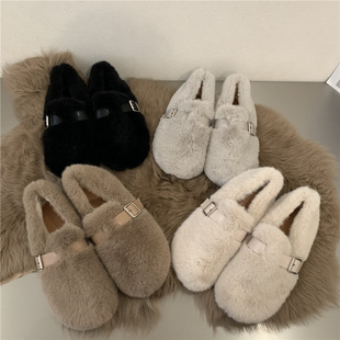 Cute Casual Versatile Plush Fur Shoes Women's 2024 Winter New Outfit fleece-lined Warm Flat Shoes Cotton Shoes