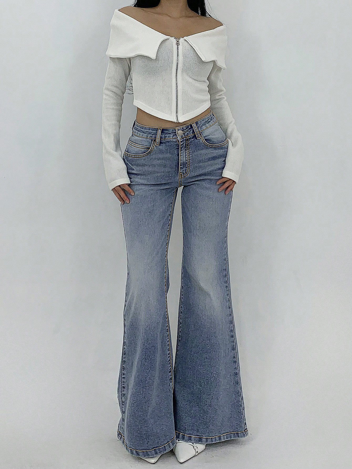 Women's Clothing High Waisted Flared Jeans, Street Style, Stretchy Slim Fit, With Pockets, Slightly Flared._ecoleips.com