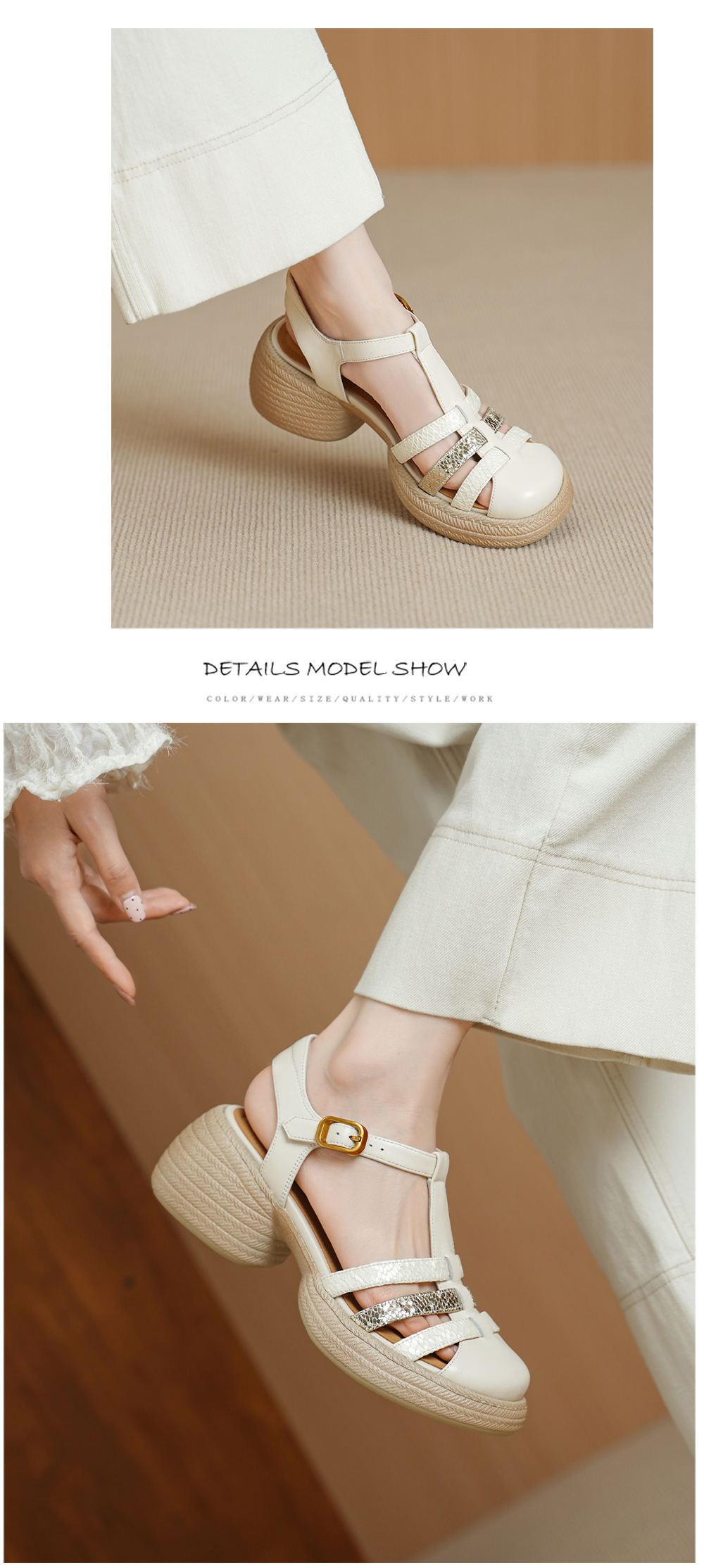 Sandal nữ quai chữ T đan dây đế dày gót thô 6.5cm phong cách La Mã — Màu xanh da trời chi tiết 8